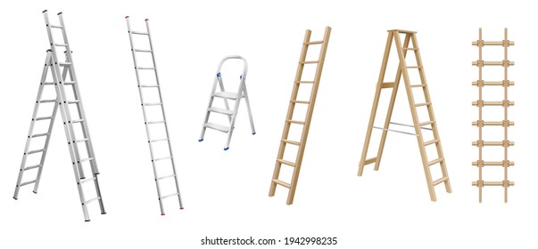 Realistic ladders for housekeeping  Set stepladders  stair cases   rope ladder wooden   metal isolated white background  Realistic 3d vector illustration