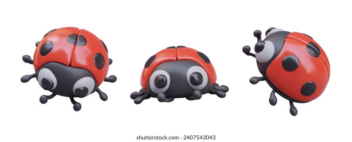 Realistic ladybug in children style. Front, bottom, side view. Beetle with red wings. Vector character for cute design. Set of templates for game, application, website