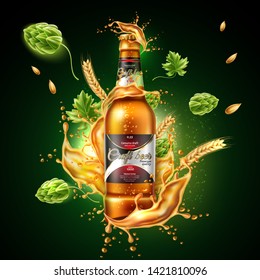 Realistic lager beer bottle ad poster template with liquid splash with green hops wheat ears explosion with glass bottle. Home brew ale package mockup design. Fresh alcohol drink with splashing flow