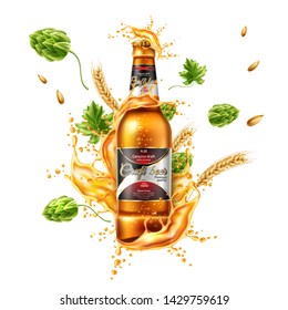 Realistic lager beer bottle ad poster template with liquid splash with green hops wheat ears explosion with glass bottle. Home brew ale package mockup design. Fresh alcohol drink with splashing flow