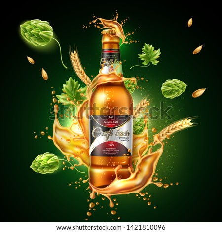 Realistic lager beer bottle ad poster template with liquid splash with green hops wheat ears explosion with glass bottle. Home brew ale package mockup design. Fresh alcohol drink with splashing flow