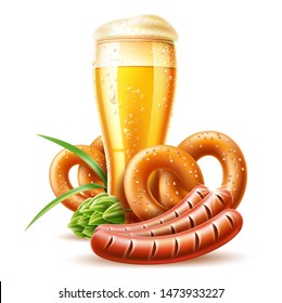 Realistic lager beer glass with golden bubbles, pretzel, sausage and green hop oktoberfest festival advertising poster design. Traditional german beer holiday in october. Pub, restauran and bar design