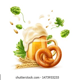 Realistic lager beer glass with golden bubbles, pretzel, sausage and green hop oktoberfest festival advertising poster design. Traditional german beer holiday in october. Pub, restauran and bar design