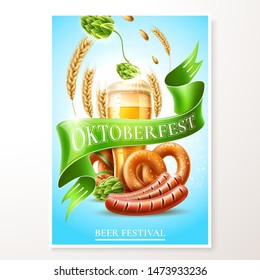 Realistic lager beer glass with golden bubbles, pretzel, sausage and green hop oktoberfest festival advertising poster design. Traditional german beer holiday in october. Pub, restauran and bar design