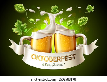 Realistic lager beer glass toasting with and green hop and froth around. Oktoberfest festival advertising poster design. Traditional german beer holiday in october. Pub, restauran and bar design