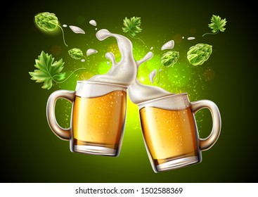 Realistic lager beer glass toasting with and green hop and froth around. Oktoberfest festival advertising poster design. Traditional german beer holiday in october. Pub, restauran and bar design