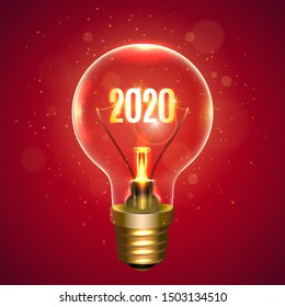 Realistic lamp with the inscription of 2020 year instead of the filament of incandescence, isolated on a red background