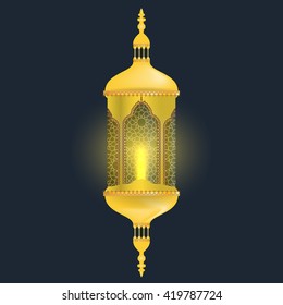 Realistic Lamp of Ramadan for greeting card background. Golden Ramadan lantern with light effect.