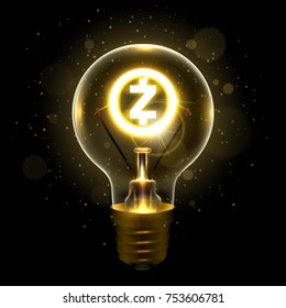 Realistic lamp with the symbol of cryptocurrency instead of the filament of incandescence, isolated on a dark background, vector illustration