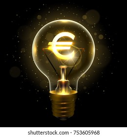 Realistic lamp with the symbol of currency instead of the filament of incandescence, isolated on a dark background, vector illustration