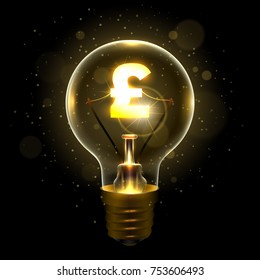 Realistic lamp with the symbol of currency instead of the filament of incandescence, isolated on a dark background, vector illustration