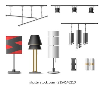 Realistische Lampen. Unterschiedliche Fußböden, Hänge- und Tischlampen, Loft-Kronleuchter, moderne Raumbeleuchtung, gemütliche, minimalistische Inneneinrichtung, 3D-Objekte, Studiolichtelemente einzeln, Vektorset