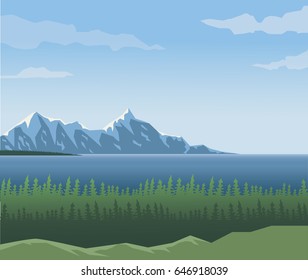 realistic landscape background of far snowy mountains and lake