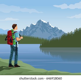 realistic landscape background of far snowy mountains and lake with mountaing climber looking to horizont