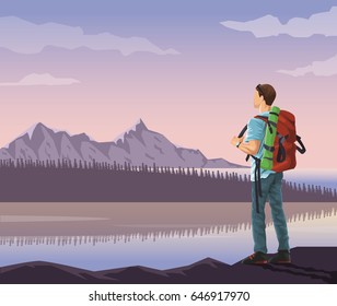 realistic landscape background of snowy mountains and lake with mountaing climber looking to horizont