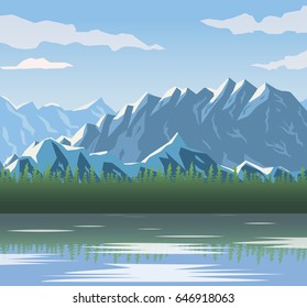 realistic landscape background of snowy mountains and lake