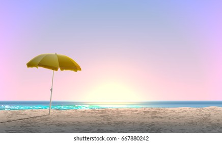 Realistic landscape of a beach with a parasol with sunrise / sunset, vector illustration
