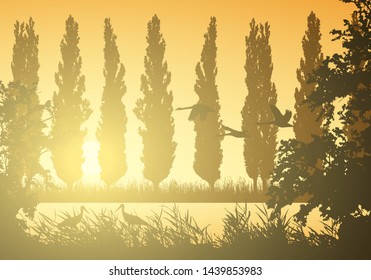 Realistic landscape illustration with wetlands and swamp. Reeds and grass with trees, poplars and flying birds. Storks and swans under morning orange sky with sunlight - vector
