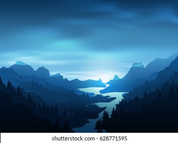 Realistic landscape of mountains with bright river and Pine Forest - Vector Illustration