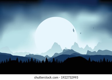 realistic landscape with mountains, hills and clouds