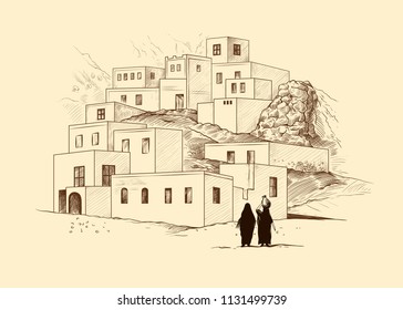 
Realistic landscape with the old Egyptian village on a background of mountains. Hand drawn monochrome vector sketch.
