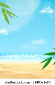 Realistic landscape with summer beach. Sea coast with sunny sky and clouds. Beautiful summer scene with blue sky, clouds and tropical plants. Empty sea with clear horizon. 3d vector illustration.