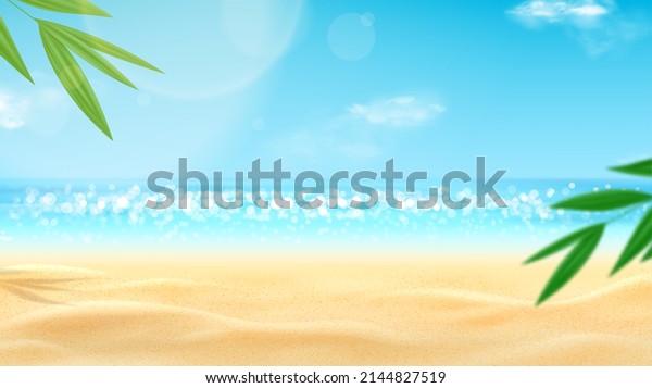 Realistic landscape of sunny beach. Sea\
coast with sunny sky and clouds. Beautiful summer scene with blue\
sky, clouds and tropical plants. Empty sea with clear horizon. 3d\
vector illustration.