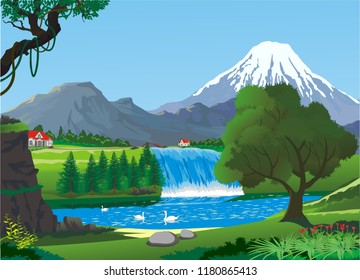 Realistic landscape-swans on a mountain lake near the waterfall