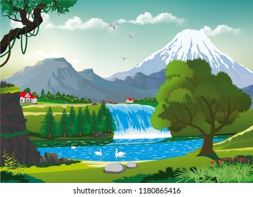 Realistic landscape-swans on a mountain lake near the waterfall