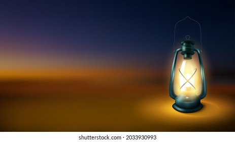 Linterna realista aislada en el fondo borroso nocturno, lámpara de Kerosene iluminada. Ilustración vectorial
