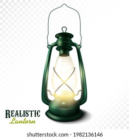 Realistic Lantern isolated on white background, Kerosene lamp illuminated. Vector Illustration
