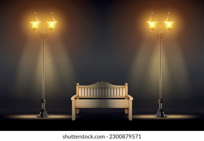 Linternas realistas en faroles brillando en la oscuridad cerca de ilustración vectorial de banco de madera