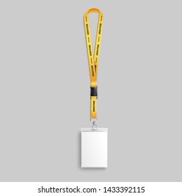 Realistic lanyard badge the employee identification tag for security access 3d vector illustration mockup. Blank plastic ID card holder with yellow neck lanyard editable.