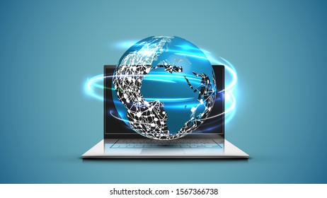 Realistic laptop with 3D world map with blue background, vector illustration
