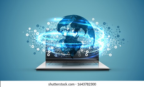 Realistic laptop and 3D world map with blue background, vector illustration