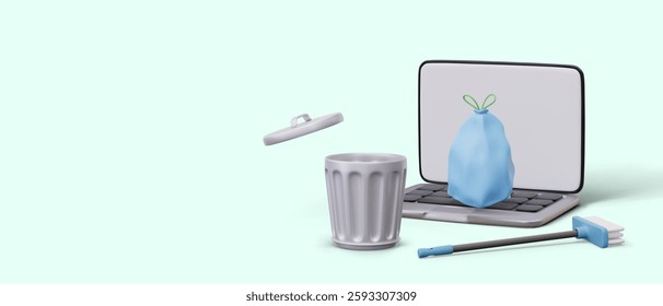 Realistic laptop, bag with ties, metal dustbin with lid, brush. Advertising online order cleaning service. Garbage removal. Cleaning memory of gadget. Professional service website