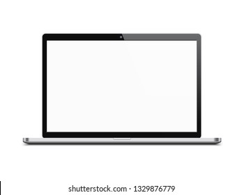 Realistic laptop with blank white screen. Mock up notebook. Isolated vector illustration on white background.