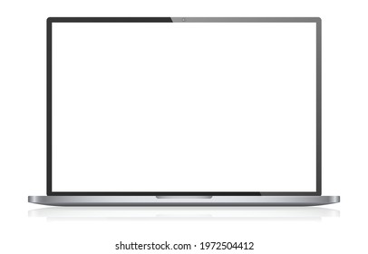Realistic laptop with blank white screen. Opened notebook with reflection. Glossy electronic gadget. Mock up template for your design. Vector illustration
