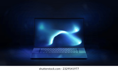 Realistic laptop in blue and dark scene. Computer laptop with screen for copy space text