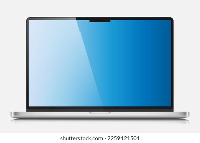 A realistic laptop with a blue gradient screen and reflection on a white background. The layout of a modern laptop in a silver thin metal case. Vector illustration.