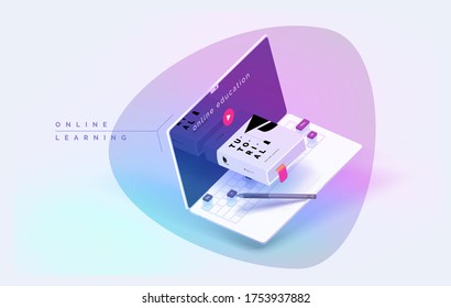 Realistic laptop and book. Web application for online learning. Freelancer workplace. Modern vector illustration isometric style.