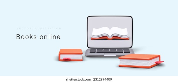 Realistic laptop and books. Reading and buying books online via gadgets. Promo poster for web library with place for text. Cartoon vector illustration in red, blue and gray colors