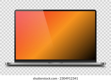 A realistic laptop with a color gradient screen and a glare on a transparent background. A mock-up of a laptop in a silver thin metal case. Vector EPS 10.