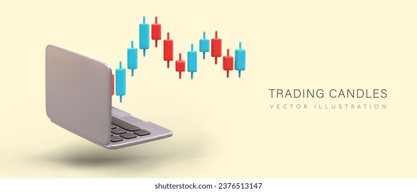 Realistic laptop, colored trading candles. Price level tracking. Sale and purchase of shares online. Advertising of stock market website. Changing graph of value of currency