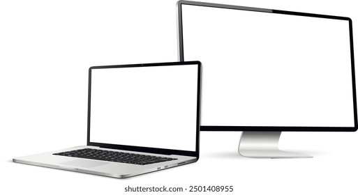 Realistic laptop and computer display with blank screen isolated on white background