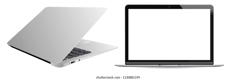 Realistic laptop computer, isolated on white background. Isometric and 90 degree front side view. Notebook with empty screen. Blank copy space on modern mobile device.