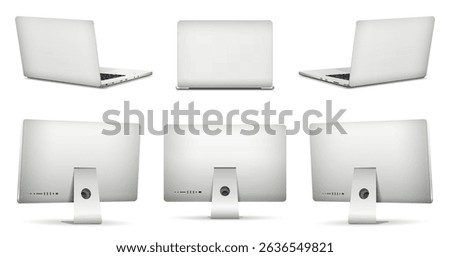 Realistic laptop with computer screen rear view mockup isolated on white background. Vector illustration