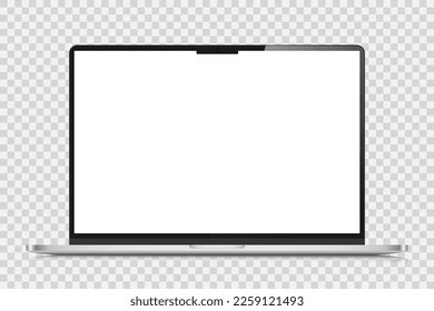 Ein realistischer Laptop mit dunklem Silber und weißem Bildschirm. Die Gestaltung eines modernen Laptops mit einer Reflexion auf transparentem Hintergrund. Vektorgrafik.