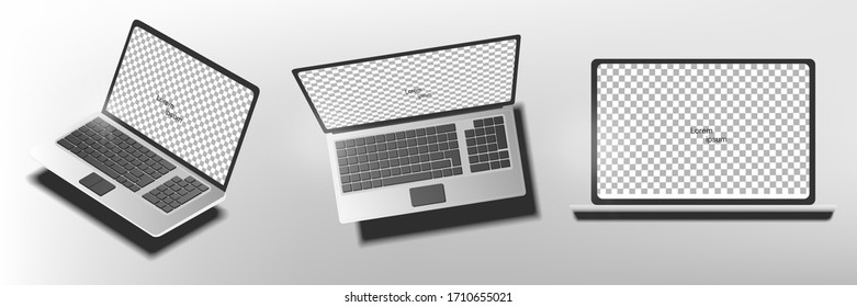 Realistic laptop in different 3D projections. Layout of an electronic device with a transparent monitor for presentations and presentations of your company. Creative web site template