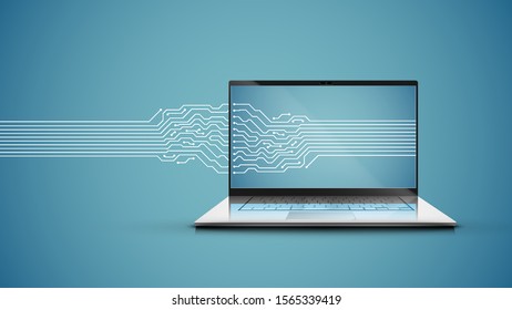 Realistic laptop with electric circuit map, vector illustration